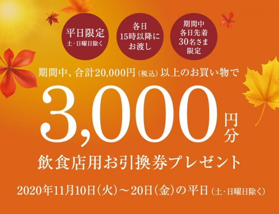 飲食店舗でご利用いただける3,000円分の「飲食店用お引換券」プレゼントについて
